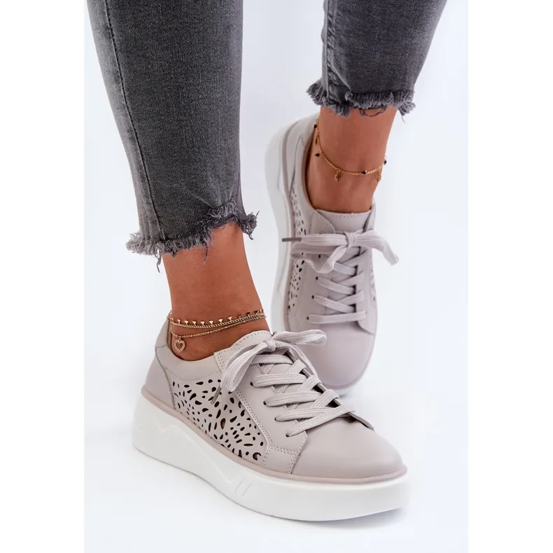 Women's Openwork Sneakers on the Platform Leather Gray Peilaeno grey