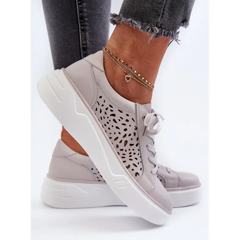 Women's Openwork Sneakers on the Platform Leather Gray Peilaeno grey