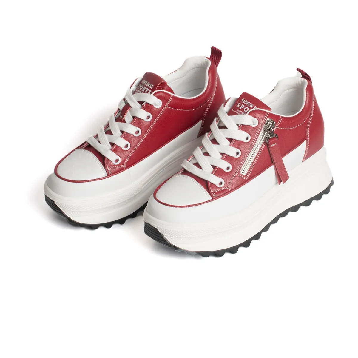 Women's 7cm Genuine Leather Round Head Lace Up Platform Wedge Sneakers