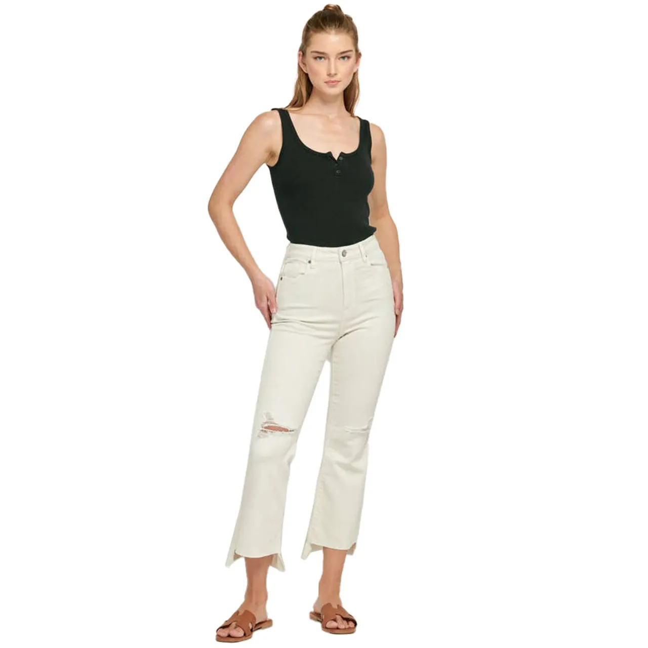 Women's Hidden Happi High Rise Step Hem Crop Flare Jeans - Sea Salt