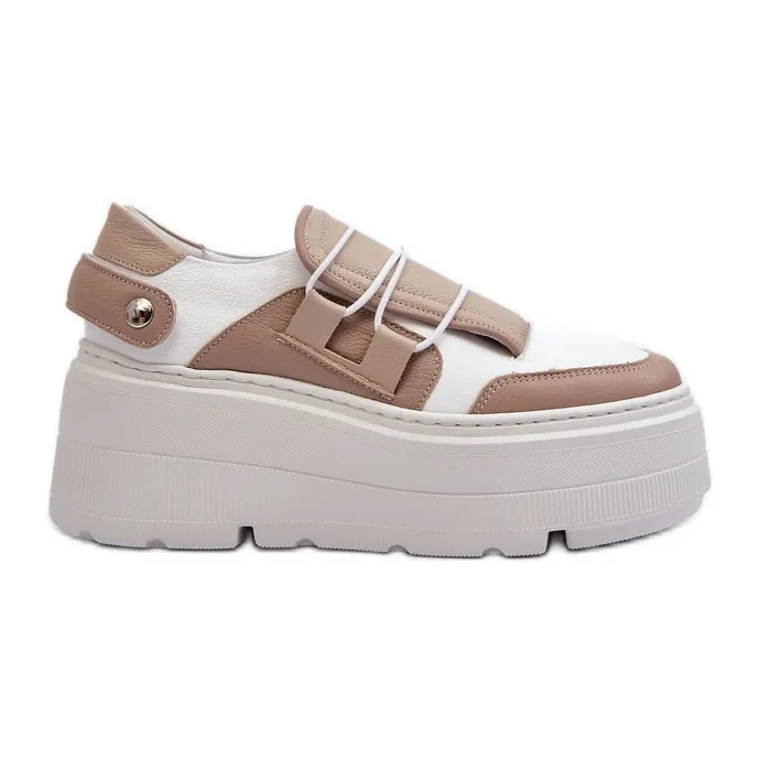 Zazoo 1833 Women's Leather Sneakers with a Massive Sole, Beige and White