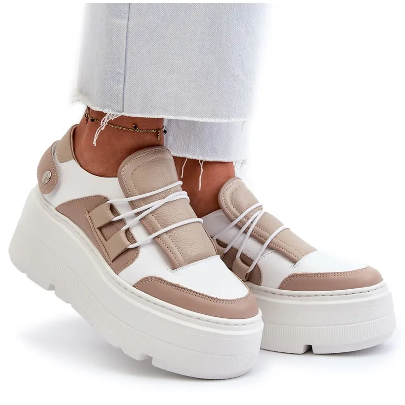 Zazoo 1833 Women's Leather Sneakers with a Massive Sole, Beige and White