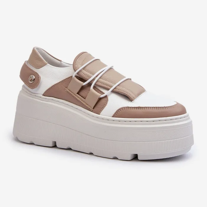 Zazoo 1833 Women's Leather Sneakers with a Massive Sole, Beige and White