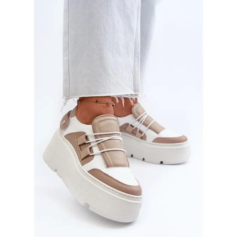 Zazoo 1833 Women's Leather Sneakers with a Massive Sole, Beige and White