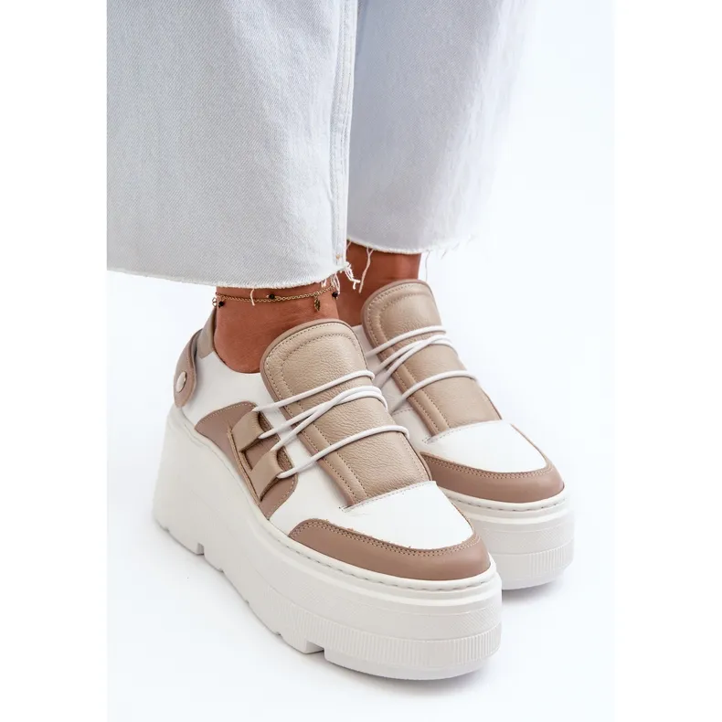 Zazoo 1833 Women's Leather Sneakers with a Massive Sole, Beige and White